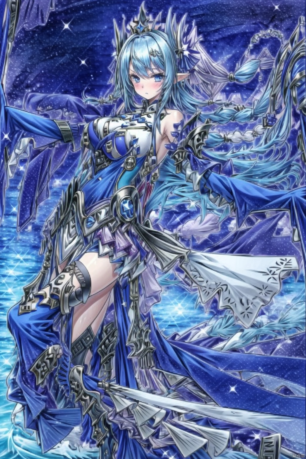 1girl solo long hair looking at viewer skirt gloves pointy ears crown