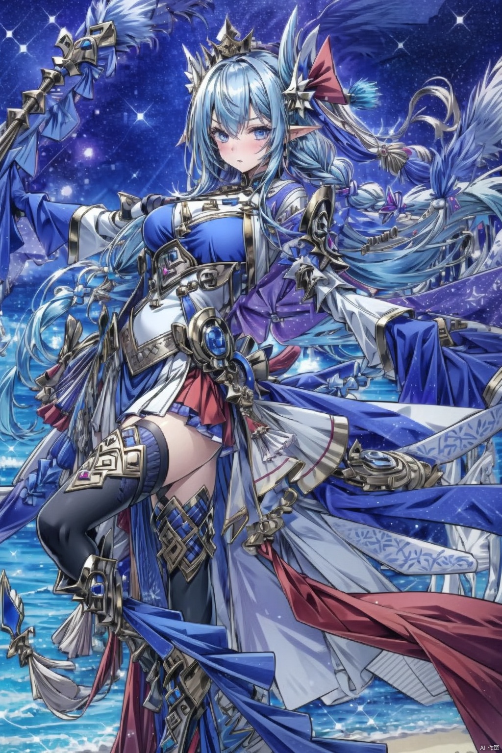 1girl solo long hair looking at viewer skirt gloves pointy ears crown