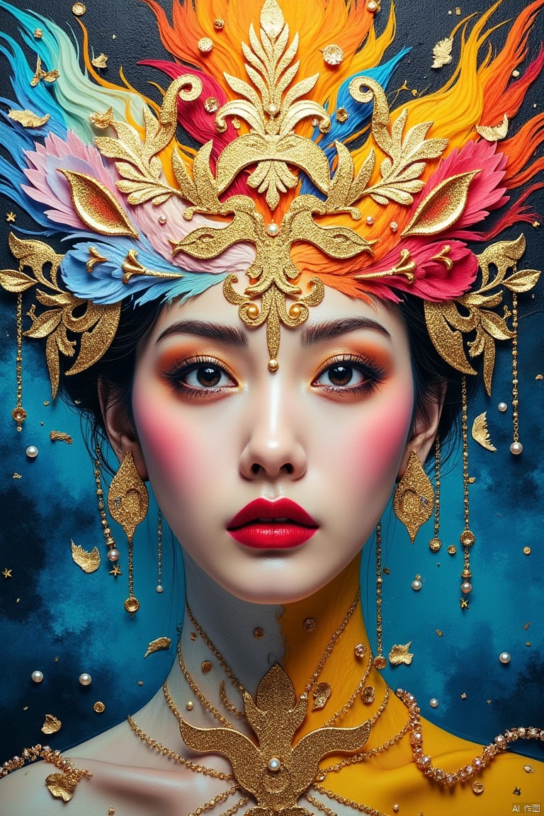 Create an abstract art, front portrait of a woman in an expressive oil painting style. Use a vivid explosion of colors including blue, yellow, red, white, pink, black, and green. The portrait should be symmetrical and hyper-detailed, with a gleaming golden accent to radiate light. Incorporate elements like pearls and filigree to add texture. The composition should be ethereal, blending sky, flowers, water, and fire to create a harmonious and brilliant visual experience,1girl,abstract oil