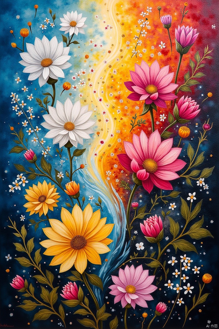 Create an abstract oil painting representing the genesis of life from the four elements. Use an expressive explosion of colors—blue, yellow, red, white, pink, black, and green. The painting should feature a symmetrical and hyper-detailed texture with golden accents that radiate light. Illustrate the elements of sky, water, fire, and earth (symbolized by floral forms) merging and intertwining to evoke the creation of life. Ensure the composition is ethereal and brilliant, capturing the essence of life emerging from elemental forces.