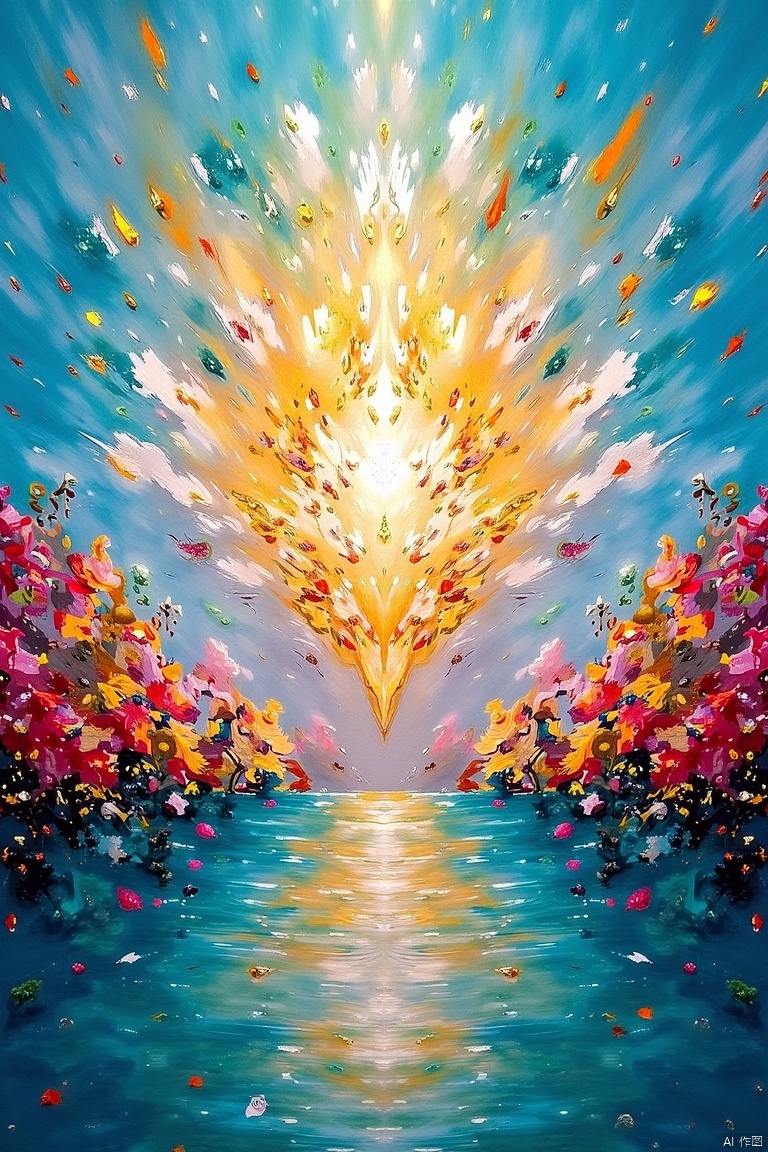 abstract art, expressive, oil painting, landscape, blue, yellow, red, white, pink, cyan, green, gleaming diamond with golden accents, radiating light, amidst brilliance, symetrical hyperdetailed texture, pearl filigree, perfect composition, ethereal, sky, flower, water,abstract oil