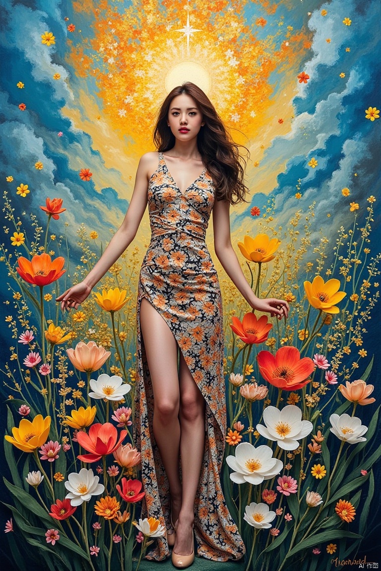 Create an abstract art, full body picture of eve wearing floral clothes in an expressive oil painting style. their covered body is covered by flowers. Use a vivid explosion of colors including blue, yellow, red, white, pink, black, and green. The body should be symmetrical and hyper-detailed, with a gleaming golden accent to radiate light. The composition should be ethereal, blending sky, flowers, water, and fire to create a harmonious and brilliant visual experience. biblical,1girl,abstract oil