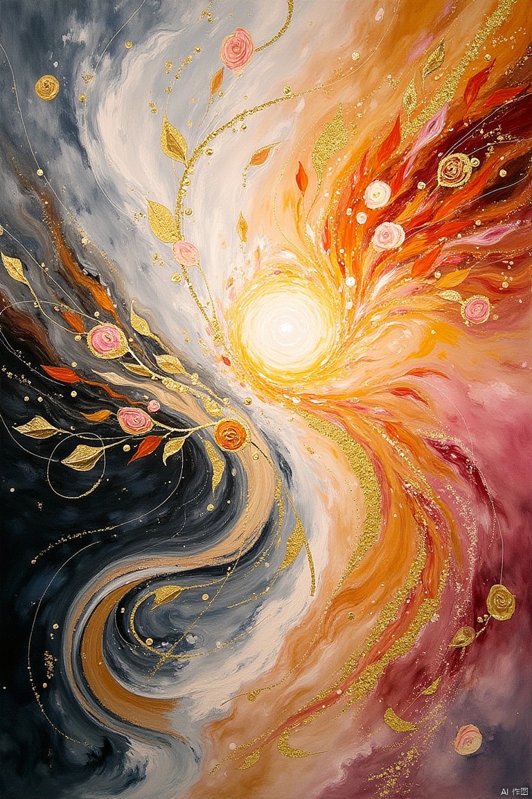 Create an abstract oil painting that represents the merging of peace through the fusion of elemental forces. Use an expressive explosion of colors—black, white, orange, beige, and pink—with and hyper-detailed textures. Highlight the artwork with gleaming golden accents that radiate light amidst a brilliance of harmony. Incorporate ethereal elements like sky, flowers, water, and fire to symbolize the peaceful blending of these forces. Ensure a perfect composition with intricate pearl filigree, capturing a serene and radiant ambiance,abstract oil