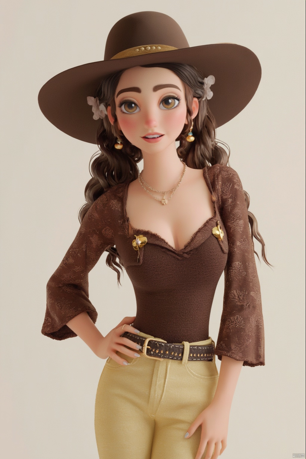 1girl, solo, long hair, breasts, looking at viewer, smile, shirt, brown hair, long sleeves, hat, cleavage, jewelry, twintails, brown eyes, ass, flower, cowboy shot, earrings, pants, belt, necklace, nail polish, hand on own hip, drill hair, white flower, high-waist pants, yellow pants
