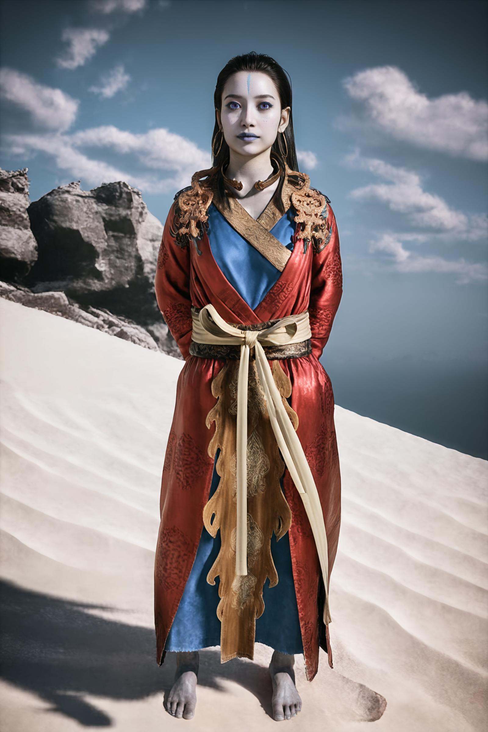 8k, best quality, masterpiece, (ultra-detailed), (high detailed skin), vivid color, realistic, looking at viewer, (solo:1.3), <lora:kangjin2-atw2-Tanger:0.75>, kjlniang, default clothes, red hanfu, grey skin, 1girl, black hair, jewelry, colored skin, barefoot, arms behind back, beautiful blue sky, cloud, standing, full body, looking at viewer, close-up, dynamic angle, cleavage, 