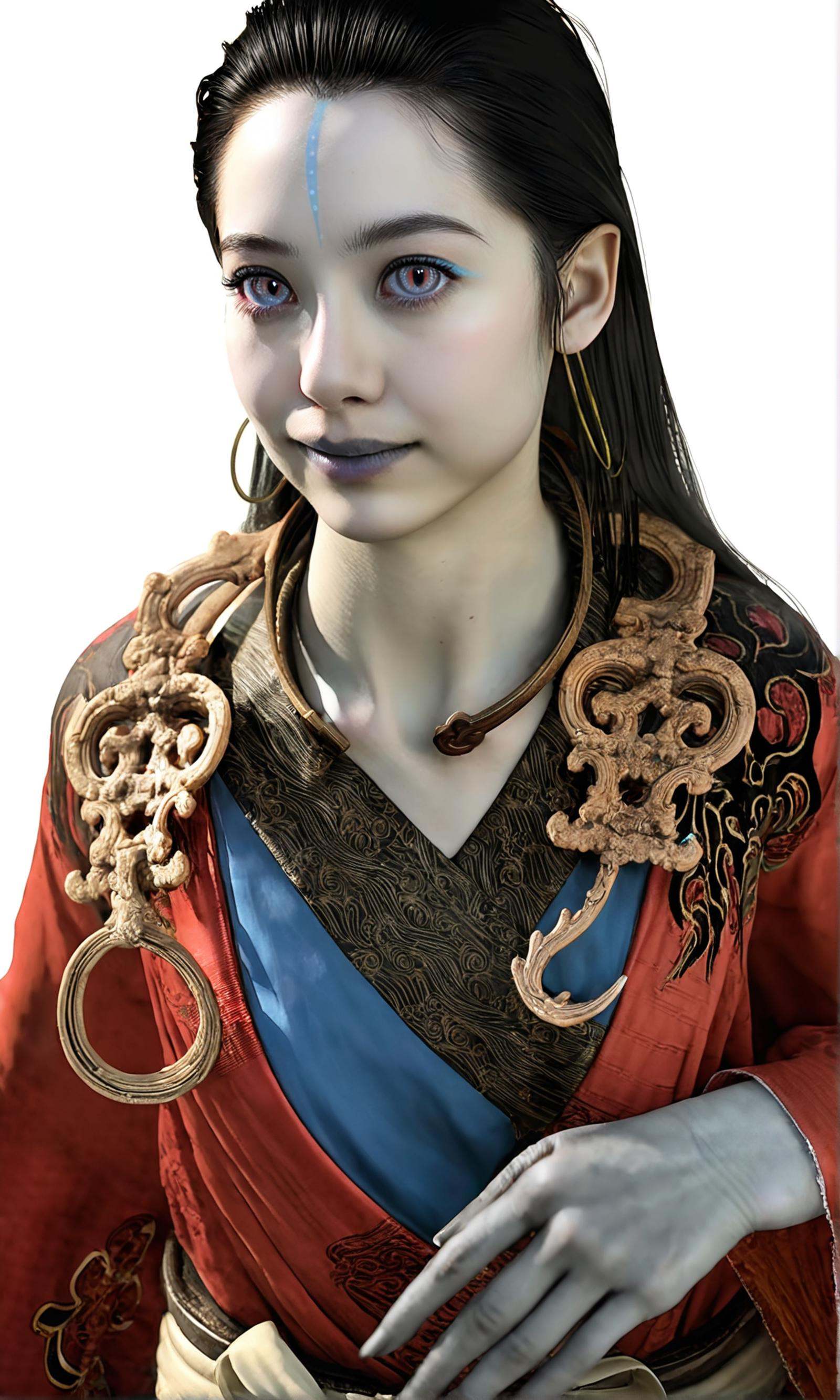 8k, best quality, masterpiece, (ultra-detailed), (high detailed skin), vivid color, realistic, looking at viewer, (solo:1.3), white background, simple background, <lora:kangjin2-atw2-Tanger:0.8>, kjlniang, default clothes, red hanfu, grey skin, 1girl, black hair, jewelry, colored skin, upper  body, looking at viewer, portrait, mid shot, half-body photo, 