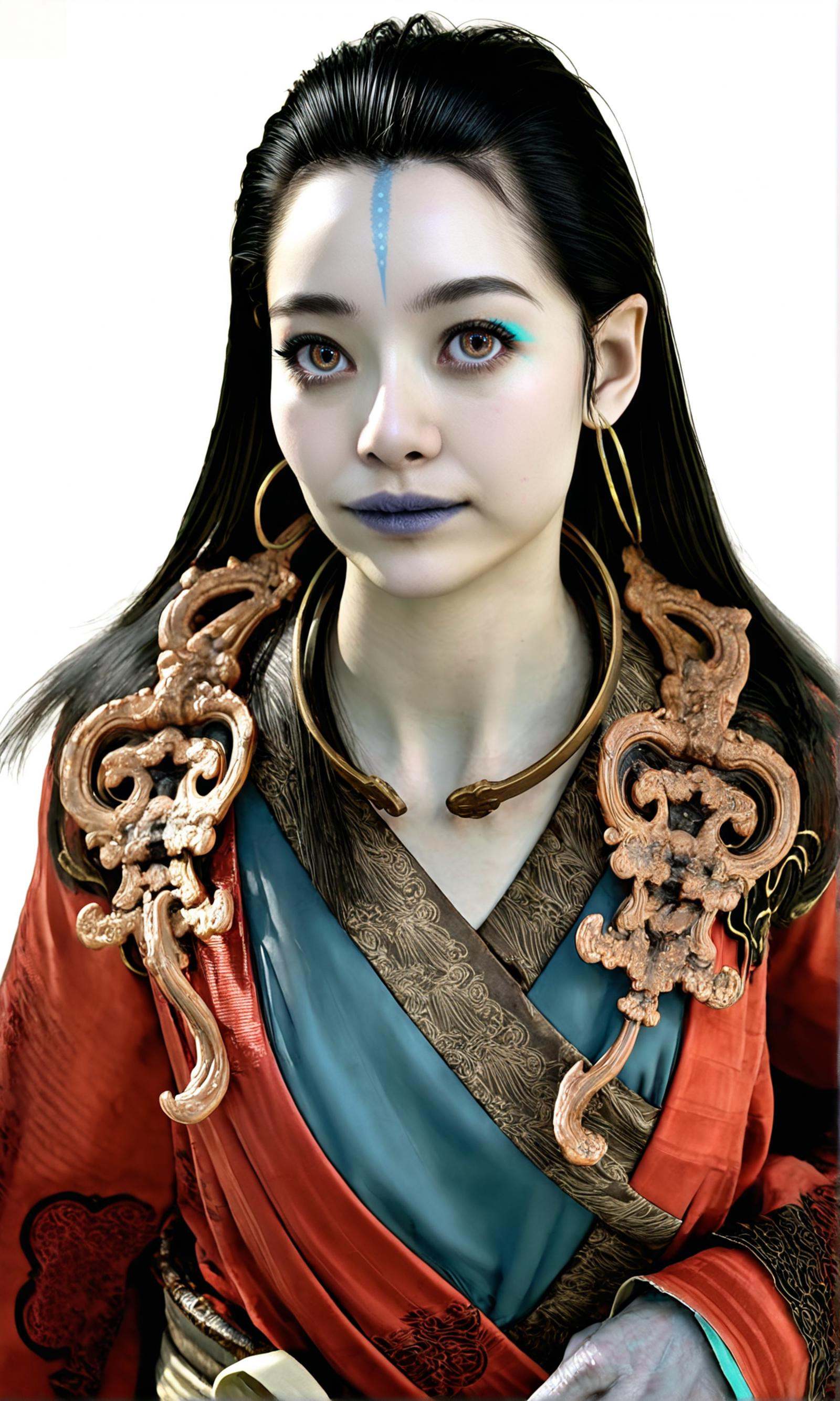8k, best quality, masterpiece, (ultra-detailed), (high detailed skin), vivid color, realistic, looking at viewer, (solo:1.3), white background, simple background, <lora:kangjin2-atw2-Tanger:0.8>, kjlniang, default clothes, red hanfu, grey skin, 1girl, black hair, jewelry, colored skin, upper  body, looking at viewer, portrait, mid shot, half-body photo, 