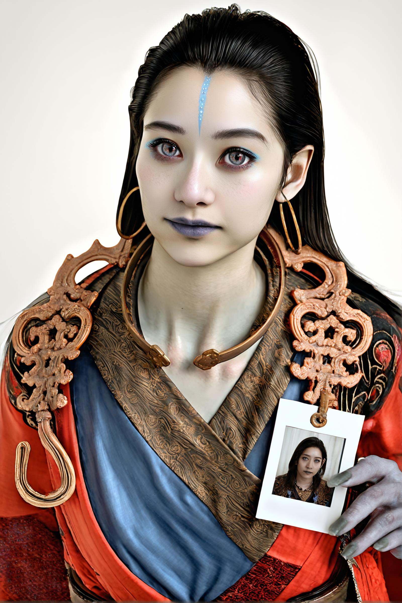 8k, best quality, masterpiece, (ultra-detailed), (high detailed skin), vivid color, realistic, looking at viewer, (solo:1.3), white background, simple background, <lora:kangjin2-atw2-Tanger:0.8>, kjlniang, default clothes, red hanfu, grey skin, 1girl, black hair, jewelry, colored skin,   upper  body, looking at viewer, id photo, 