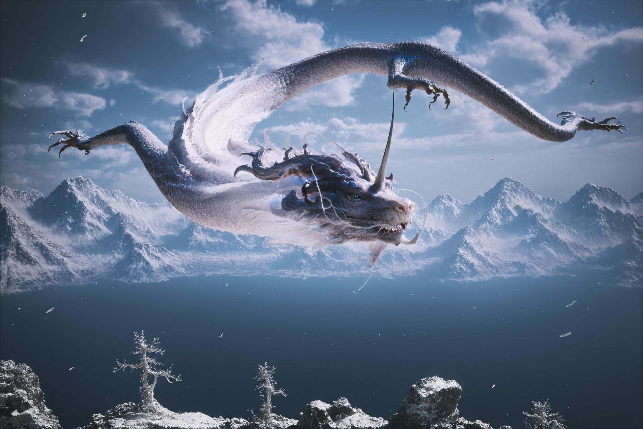 8k, best quality, masterpiece, (ultra-detailed), (high detailed skin), vivid color, realistic, looking at viewer, (solo:1.3), <lora:kangjin2-atw2-Tanger:0.75>, kjlong, white Chinese loong, loong, by heishenhua, game cg, no humans, flying, mountain, outdoors, cloud, sky, beautiful blue sky, cloud, 