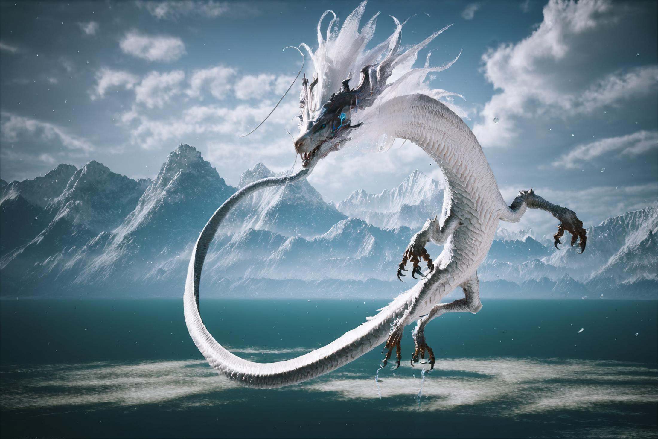 8k, best quality, masterpiece, (ultra-detailed), (high detailed skin), vivid color, realistic, looking at viewer, (solo:1.3), <lora:kangjin2-atw2-Tanger:0.75>, kjlong, white Chinese loong, loong, by heishenhua, game cg, no humans, flying,  claws, four legs,mountain, outdoors, cloud, sky, water, beautiful blue sky, cloud, 