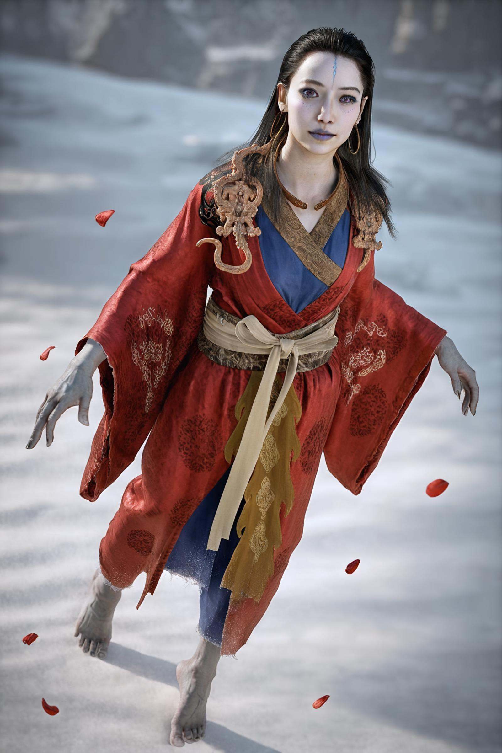 8k, best quality, masterpiece, (ultra-detailed), (high detailed skin), vivid color, realistic, looking at viewer, (solo:1.3), <lora:kangjin2-atw2-Tanger:0.8>, kjlniang, default clothes, red hanfu, grey skin,  barefoot, 1girl, black hair, jewelry, colored skinwhite background, petals flying, standing, full  body, looking at viewer, close-up, dynamic angle, cleavage, 