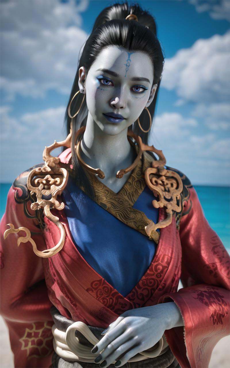 score_9, score_8_up, score_7_up, 8k, best quality, masterpiece, (ultra-detailed), solo, upper body:1.1), looking at viewer, <lora:kangjin2-pony-Tanger:0.8>, kjlniang, default clothes, red hanfu, grey skin, 1girl, black hair, jewelry, colored skin, beautiful blue sky, cloud, standing, upper body, looking at viewer, close-up, dynamic angle, <lora:Turquoise Style LoRA_Pony XL v6:0.25>, traditional media, realistic, 