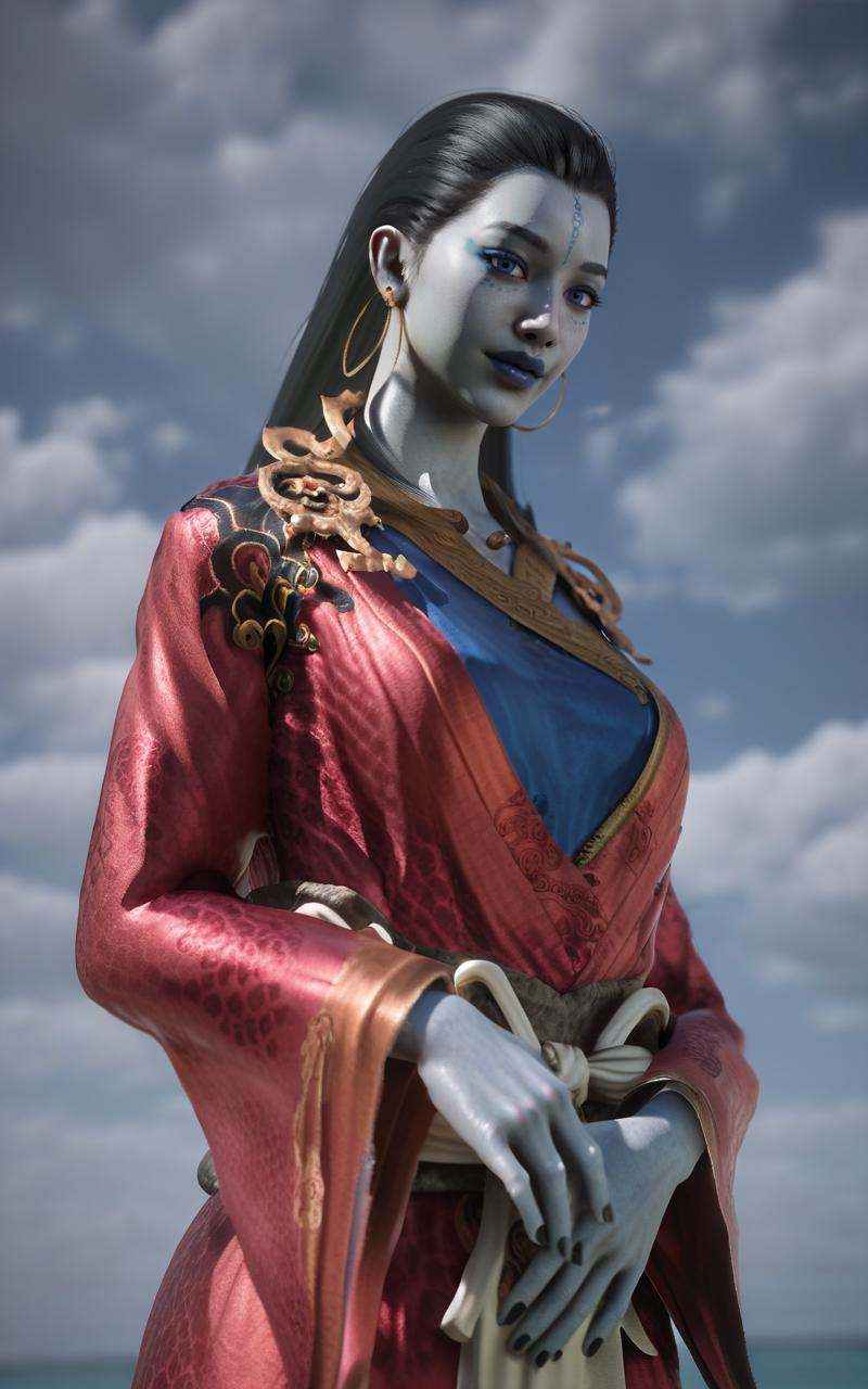 score_9, score_8_up, score_7_up, 8k, best quality, masterpiece, (ultra-detailed), solo, upper body:1.1), looking at viewer, <lora:kangjin2-pony-Tanger:0.8>, kjlniang, default clothes, red hanfu, grey skin, 1girl, black hair, jewelry, colored skin, beautiful blue sky, cloud, standing, upper body, looking at viewer, close-up, dynamic angle, <lora:Turquoise Style LoRA_Pony XL v6:0.25>, traditional media, realistic, 