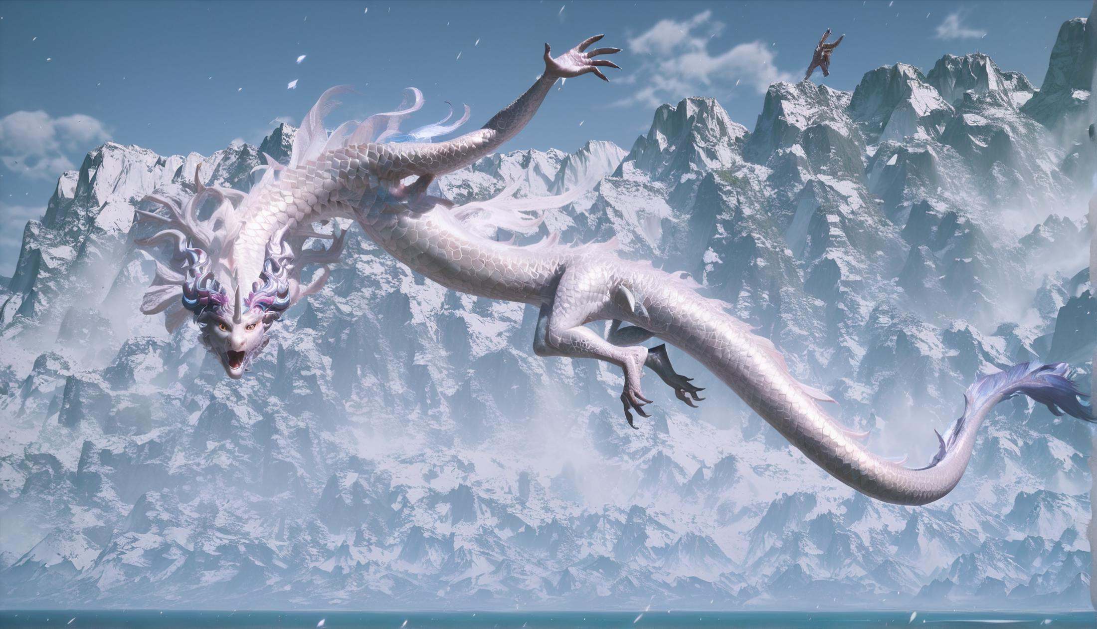 score_9, score_8_up, score_7_up, 8k, best quality, masterpiece, (ultra-detailed), (high detailed skin), vivid color, (realistic), <lora:kangjin2-pony-Tanger:0.8>, kjlong, white Chinese loong, loong, by heishenhua, game cg, no humans, flying, amazing, 