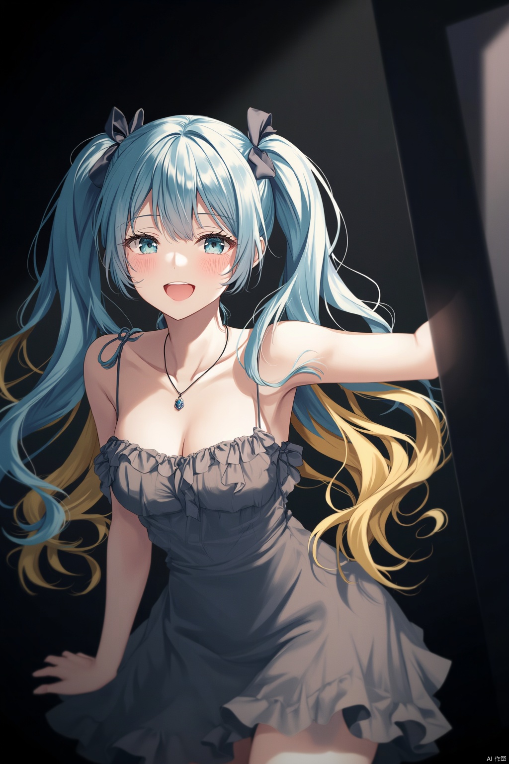 The image is an illustration of a young girl with long blue hair and blonde hair. She is wearing a gray dress with a ruffled neckline and a necklace. Her hair is styled in a half-up, half-down ponytail with a bow on top. She has a big smile on her face and is looking directly at the camera. The background is dark and there is a shadow of the girl on the right side of the image. The overall mood of the illustration is cheerful and playful.