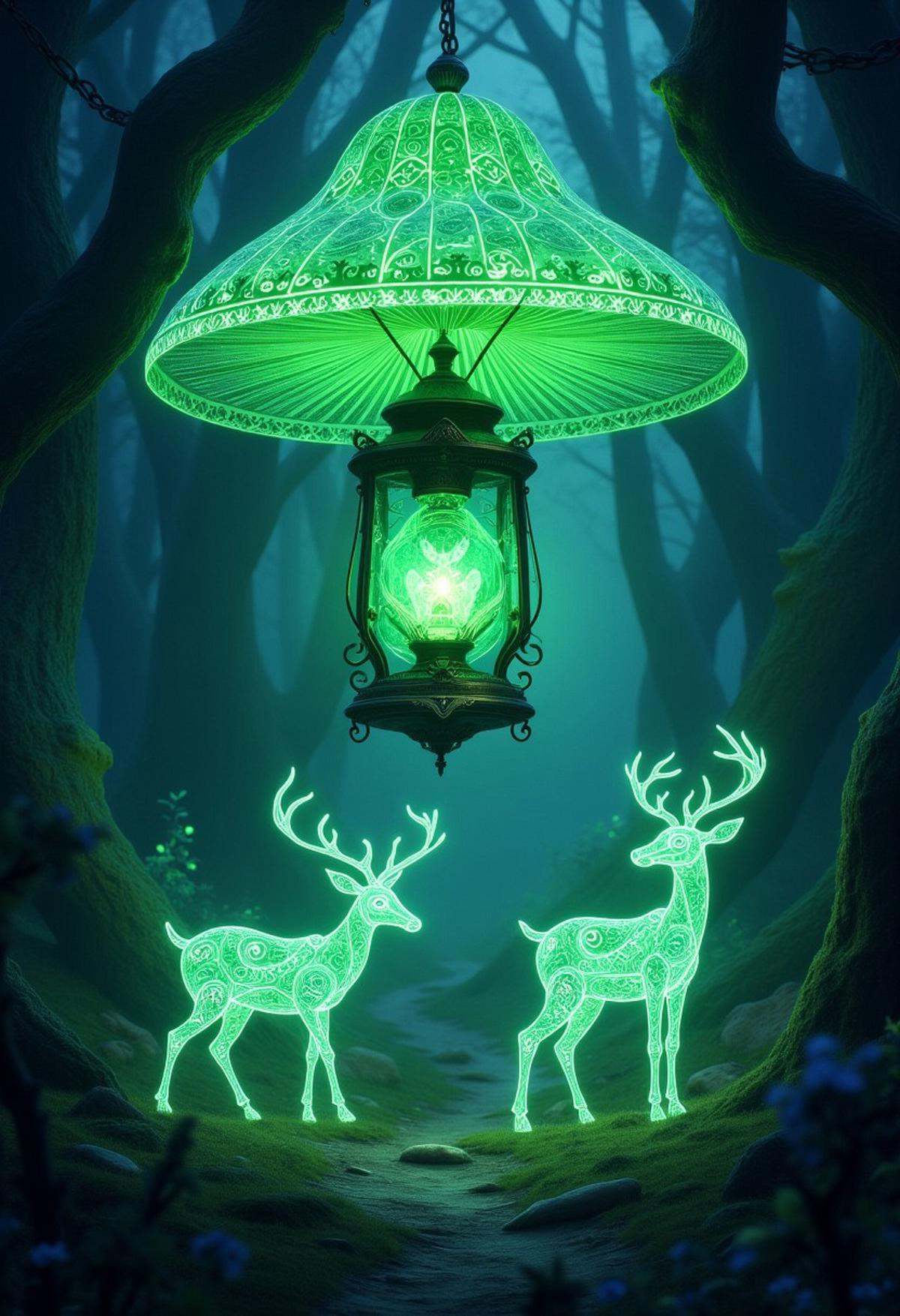 A glowing green lantern with an intense,  emerald light,  hanging from a giant mushroom in a fantastical by Soxan on Tenso...