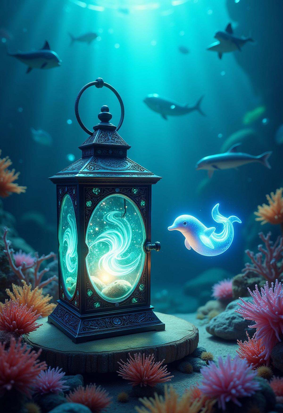 A vivid teal lantern with a calming,  oceanic glow,  resting on a coral reef in a vibrant underwater world by Soxan on Ten...