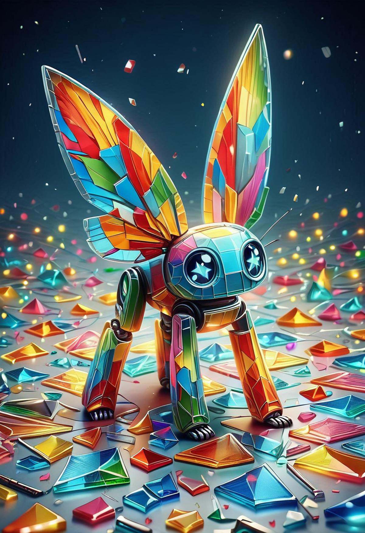 glass shard,  A vibrant illustration of a colorful,  cute toy robot with big by Soxan on Tensor.Art