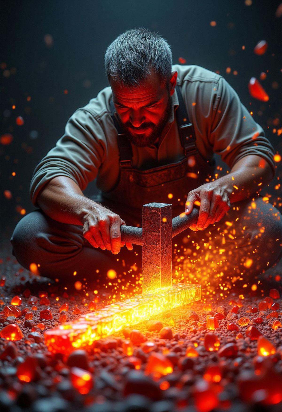 A male blacksmith hammering a red-hot glass shard blade,  sparks flying as each strike sends shards splintering off into t...