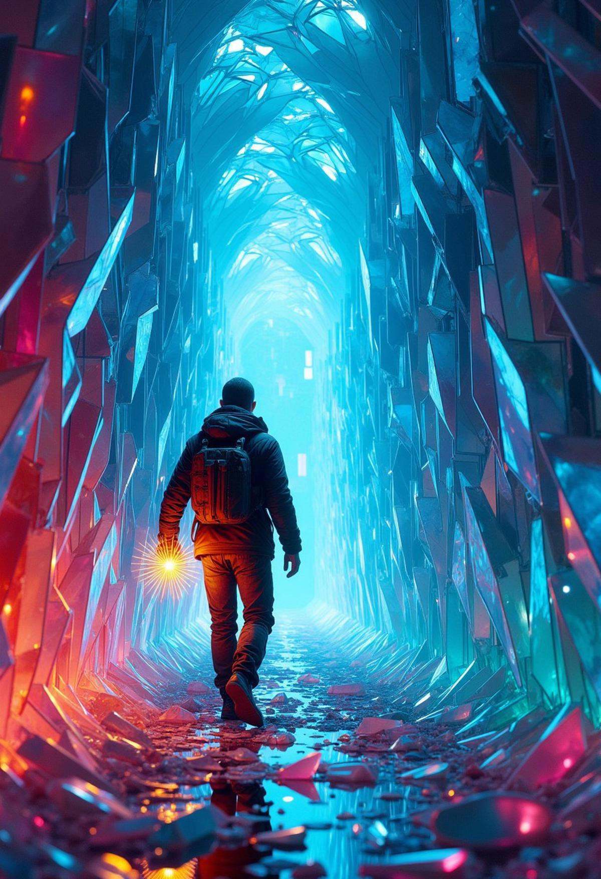 A male adventurer navigating through a labyrinth made entirely of sharp,  angular glass shards,  with every wall by Soxan...