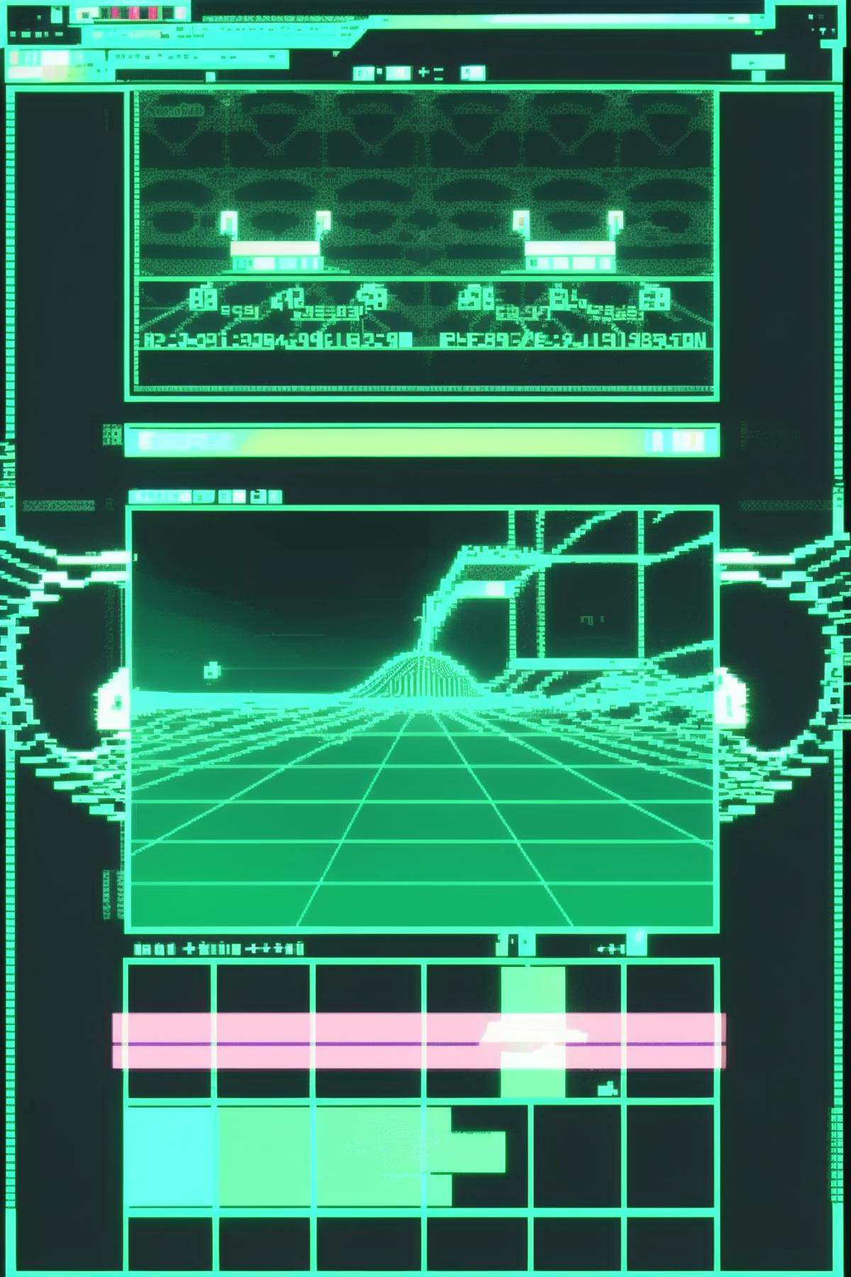 a computer screen with a wave pattern on it's display screen and a green screen showing the time, Epsylon Point, vfx, computer graphics, video art , cyber_ui