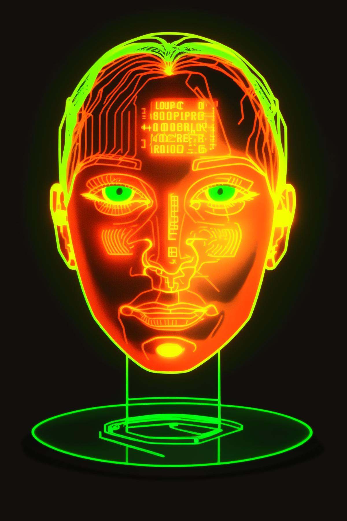 a computer generated image of a face on a plate with a wire mesh design around it and a red and green circle, Beeple, volumetric lights, a raytraced image, holography , cyber_ui