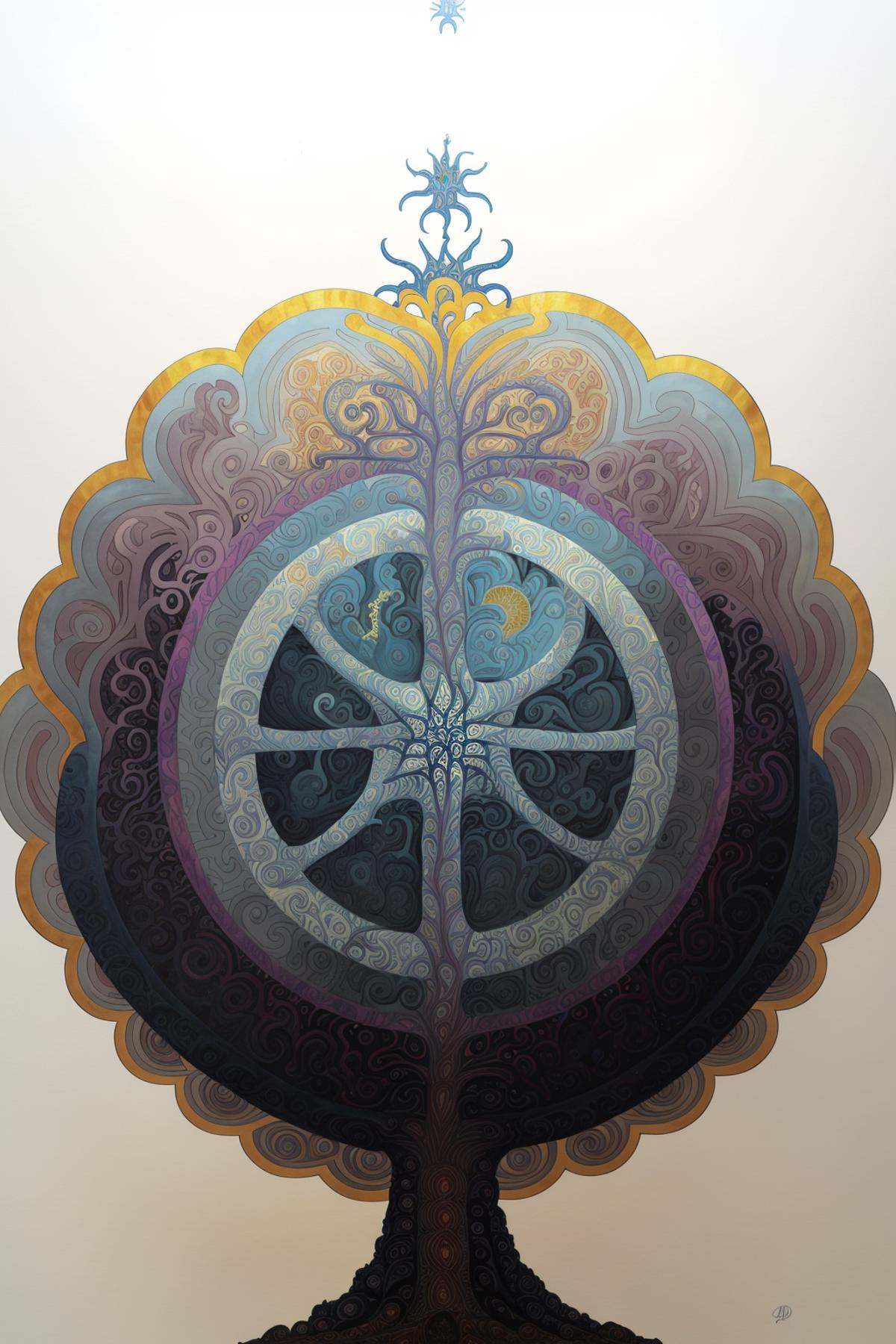a painting of a tree with a swirly design on it's side and a tree on top of it, Amanda Sage, dmt, a surrealist painting, metaphysical painting, occult , Alasdair Gray, comic cover art, a gouache, metaphysical painting , a drawing of a flower with a star above it , solo, white background, signature, no humans, traditional media