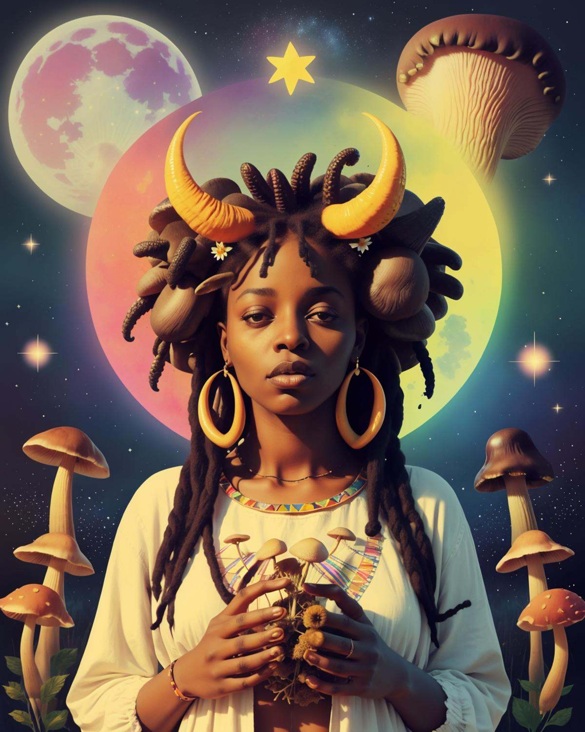 african woman with big horns and flowers in her dreadlocks hair in the middle of a field of mushrooms, Arabella Rankin, otherworldly, an album cover, aestheticism, colorful triangles and moon and stars background