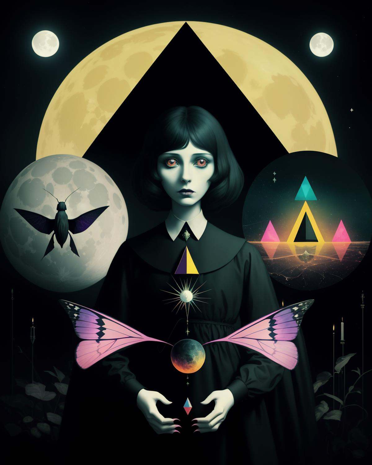 a colorful moth witch with moths around her,Arabella Rankin, otherworldly, an album cover, aestheticism, moon and triangle background, Christian W. Staudinger, surreal photography