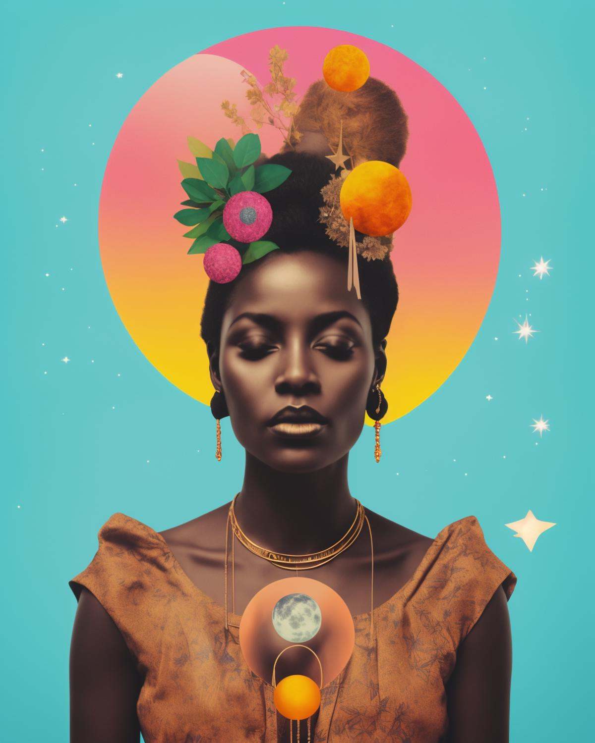 african mystic woman with horns and flowers in her hair is wearing a shiny outfit, Arabella Rankin, otherworldly, an album cover, aestheticism, colorful circle and moon and stars background