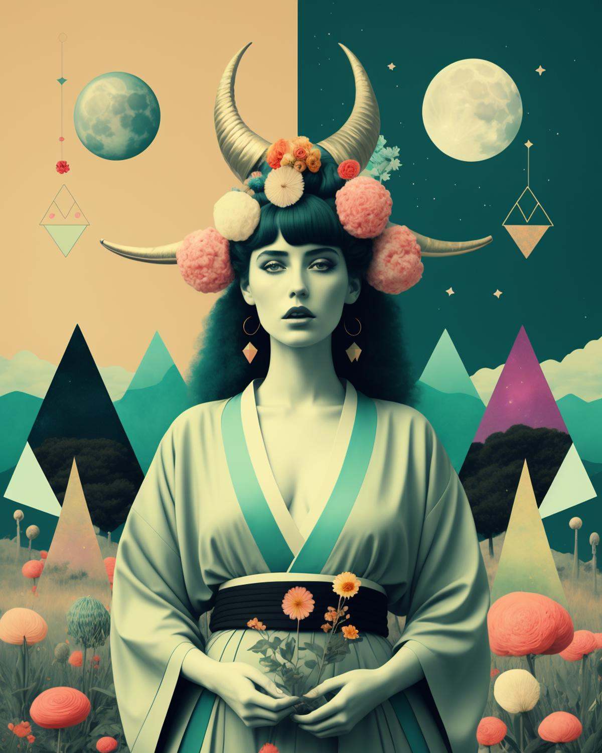 (african woman) with kimono and big horns and flowers in her turquoise hair in the middle of a field of candy, Arabella Rankin, otherworldly, an album cover, aestheticism, colorful triangles and moon and stars background