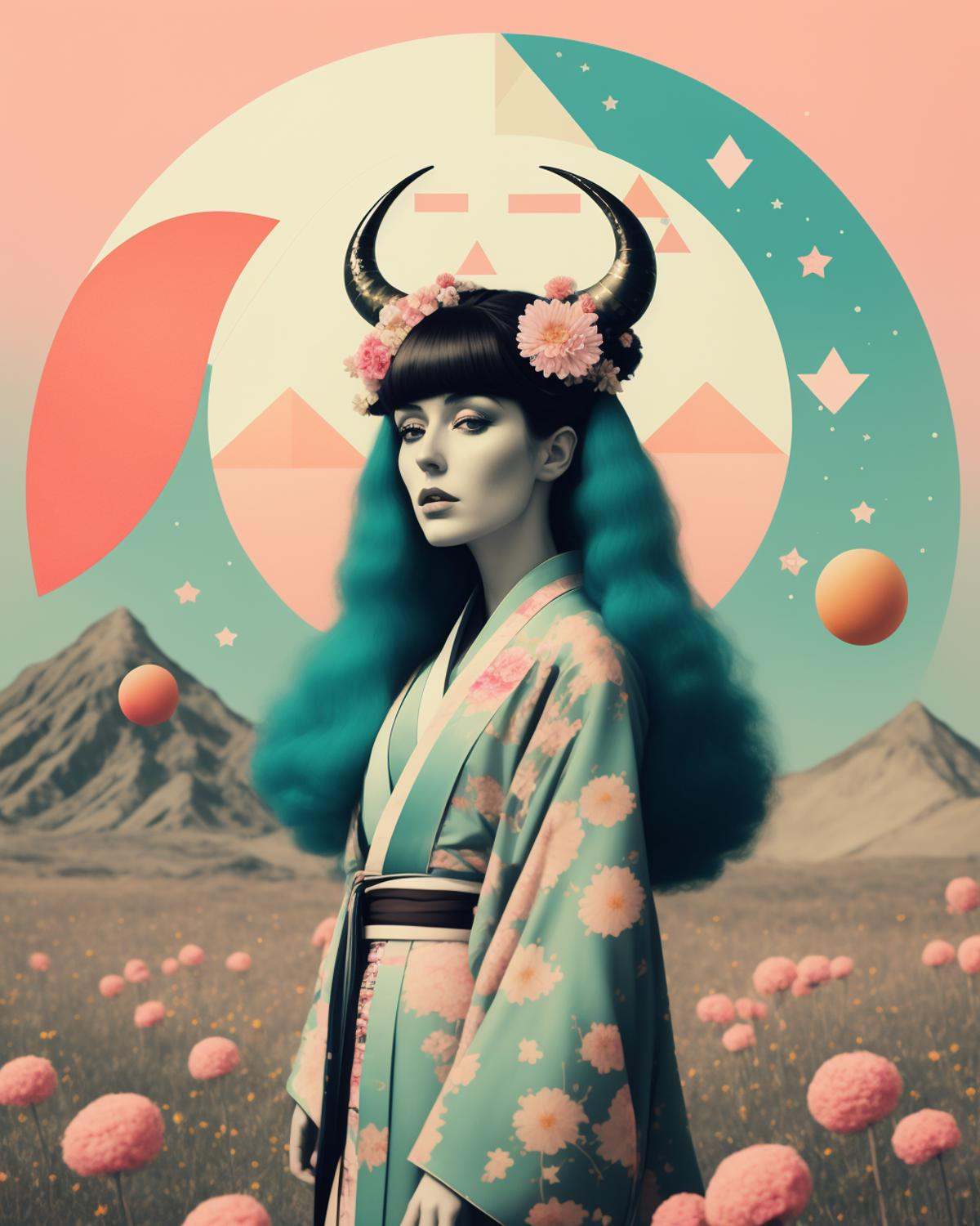 (african woman) wearing a kimono and big horns and flowers in her turquoise hair in the middle of a field of candy, Arabella Rankin, otherworldly, an album cover, aestheticism, colorful triangles and moon and stars background