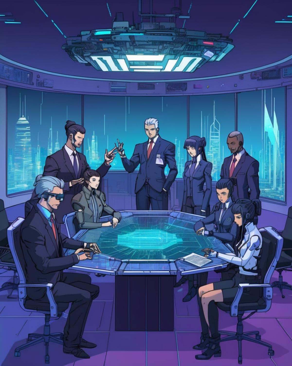 anime, Megacorporate boardroom, executives seated around a holographic table, manipulating data with futuristic hand gestures.,  cyberpunk, cyberpunk art, retrofuturism<lora:Cyberpunk _Anime_sdxl:1.0>