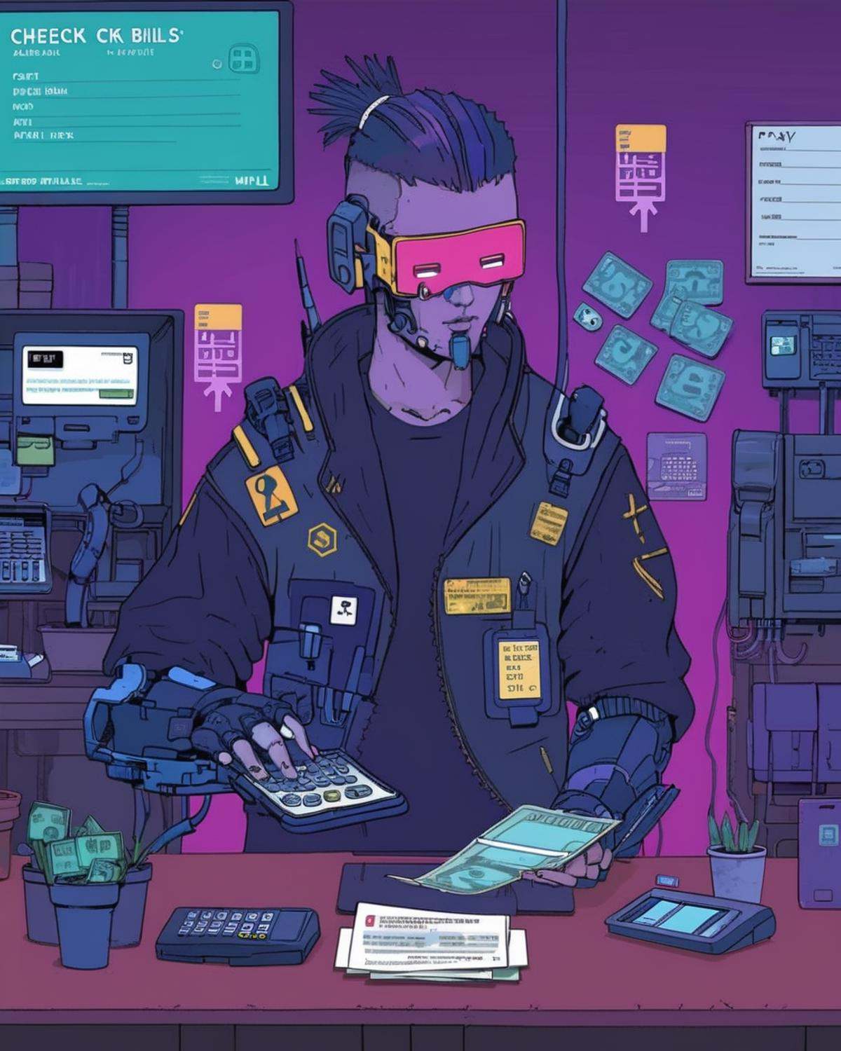 person Check and pay bills. , cyberpunk<lora:Cyberpunk _Anime_sdxl:1.0>