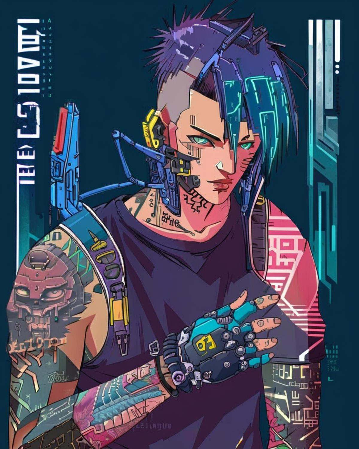 anime, a man with tattoos on his face and a pair of gloves ,  cyberpunk, cyberpunk art, retrofuturism<lora:Cyberpunk _Anime_sdxl:1.0>