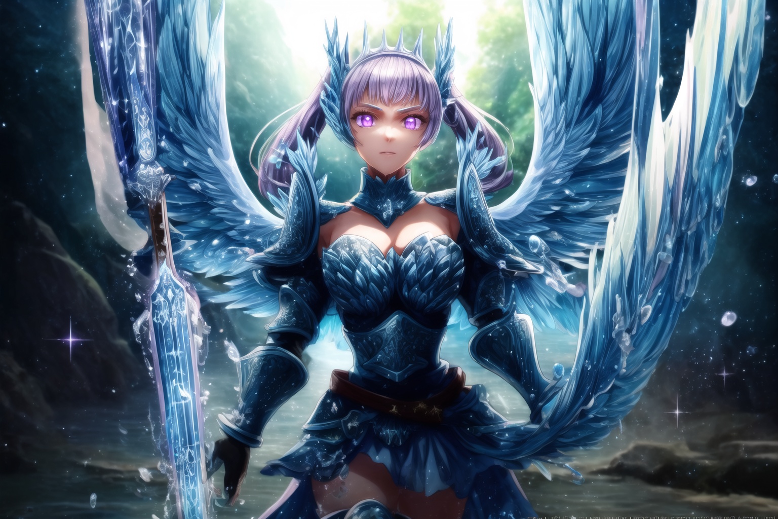 GFX wallpaper featuring Noelle Silva as a Valkyrie,  with twintailed silver hair and shimmering water armor that appears b...