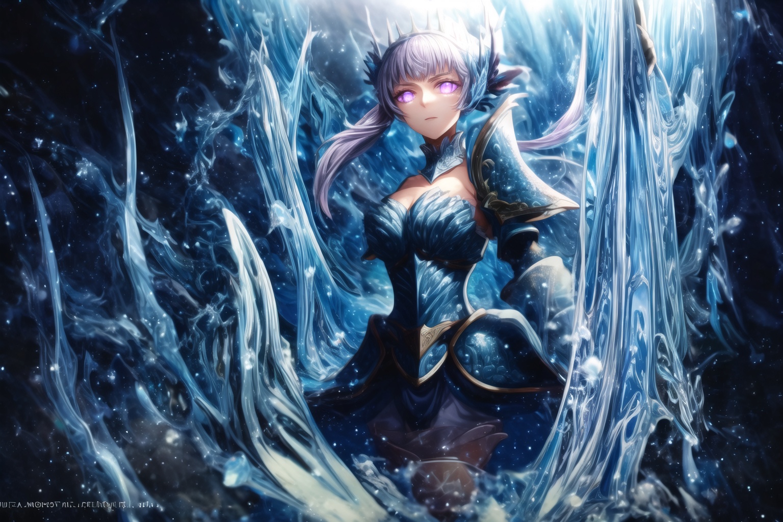 GFX wallpaper featuring Noelle Silva as a Valkyrie,  with twintailed silver hair and shimmering water armor that appears b...