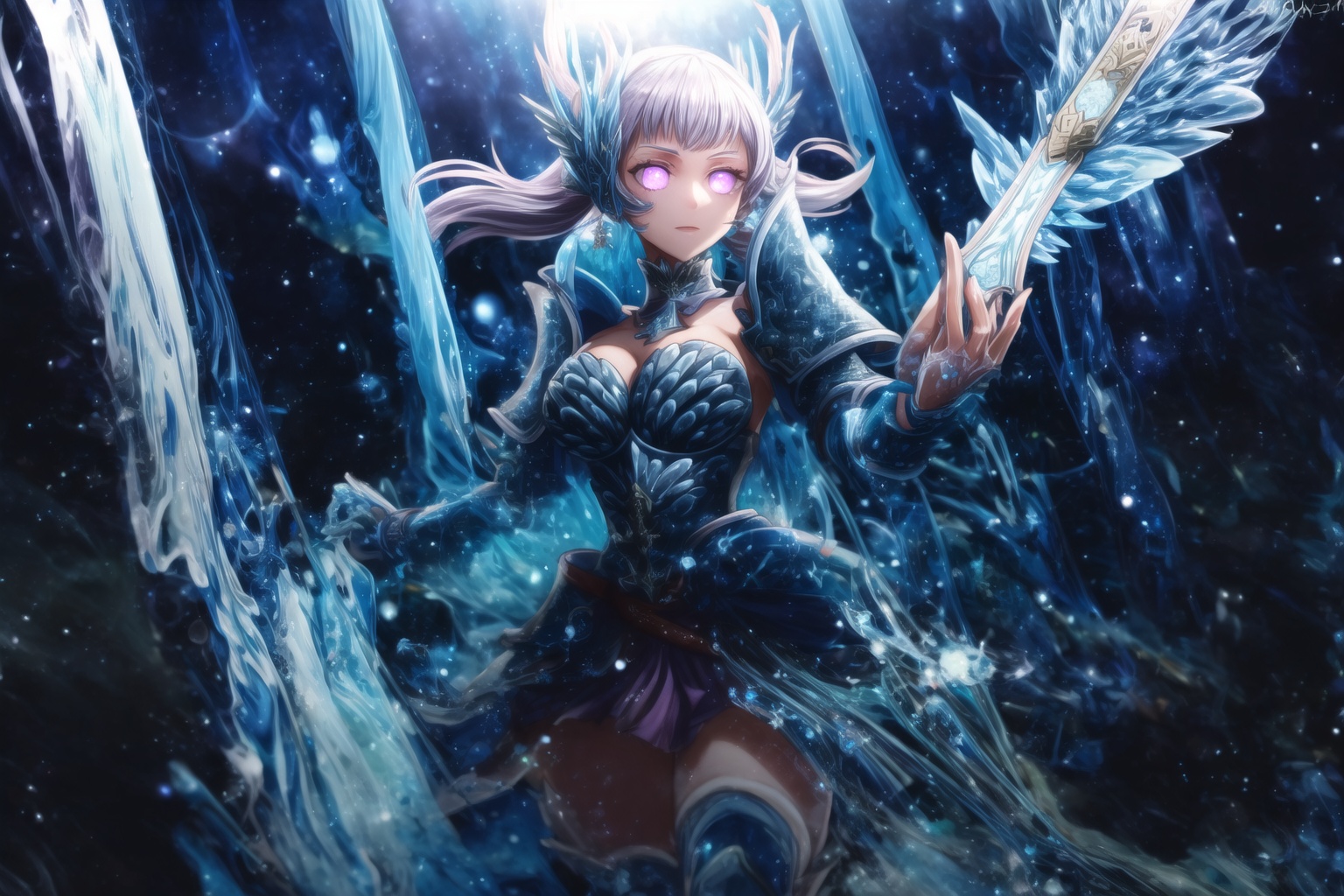 GFX wallpaper featuring Noelle Silva as a Valkyrie,  with twintailed silver hair and shimmering water armor that appears b...