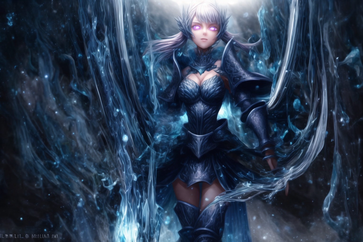 GFX wallpaper featuring Noelle Silva as a Valkyrie,  with twintailed silver hair and shimmering water armor that appears b...