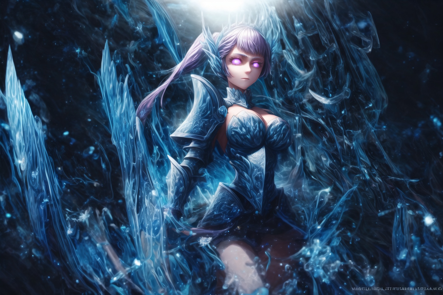 GFX wallpaper featuring Noelle Silva as a Valkyrie,  with twintailed silver hair and shimmering water armor that appears b...
