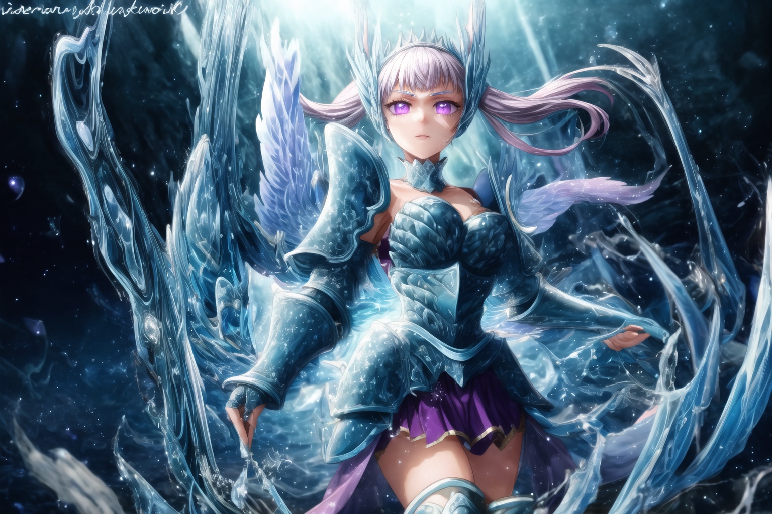 GFX wallpaper featuring Noelle Silva as a Valkyrie,  with twintailed silver hair and shimmering water armor that appears b...