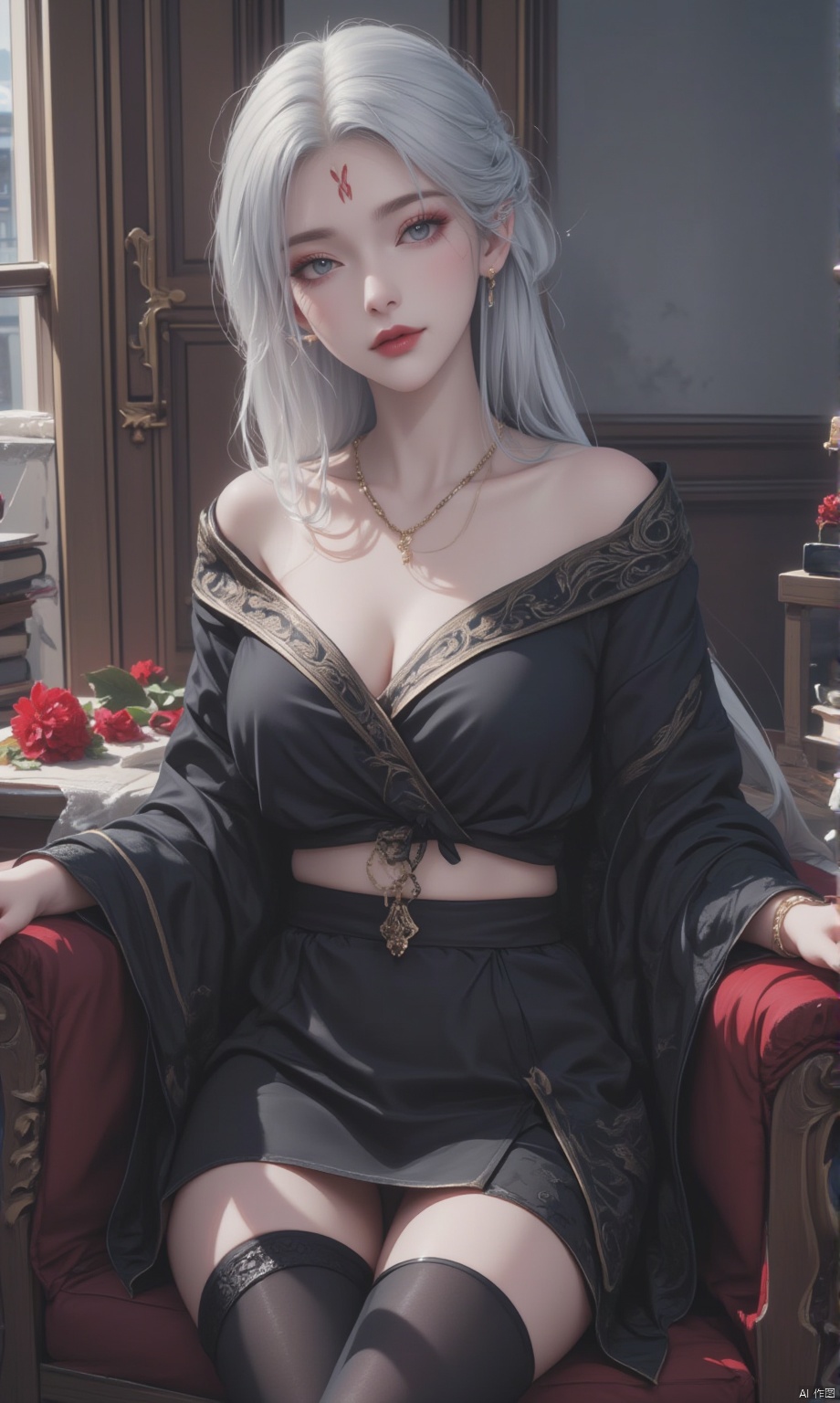  8K image. ((poakl)),white hair,Flux小白-起风,,GF,1girl, solo, long hair, breasts, looking at viewer, skirt, shirt, thighhighs, navel, cleavage, bare shoulders, jewelry, medium breasts, sitting, closed mouth, collarbone, flower, white hair, midriff, black thighhighs, indoors, black skirt, necklace, off shoulder, stomach, crop top, grey eyes, book, petals, black shirt, makeup, facial mark, lipstick, red flower, single thighhigh, pale skin, forehead mark, red lips, book stack