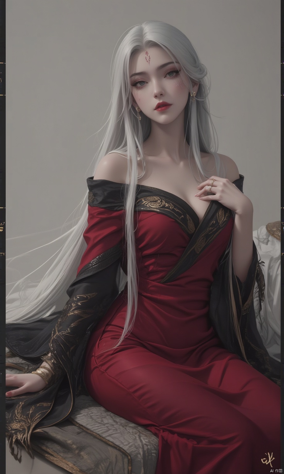  8K image. ((poakl)),white hair,Flux小白-起风,1girl, solo, long hair, breasts, looking at viewer, large breasts, dress, jewelry, sitting, very long hair, white hair, earrings, off shoulder, bracelet, facial mark, red dress, ring, forehead mark,GF
