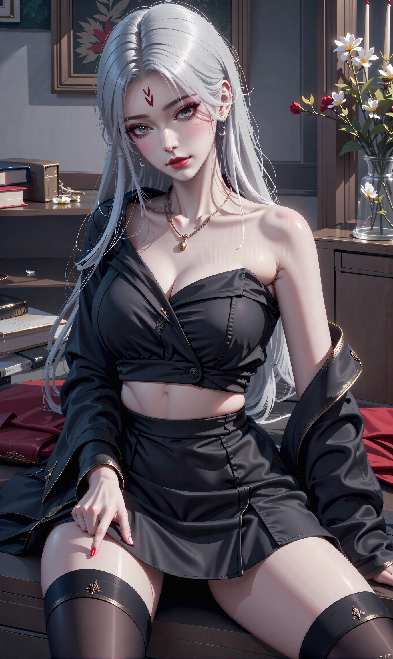  8K image. ((poakl)),white hair,Flux小白-起风,,GF,1girl, solo, long hair, breasts, looking at viewer, skirt, shirt, thighhighs, navel, cleavage, bare shoulders, jewelry, medium breasts, sitting, closed mouth, collarbone, flower, white hair, midriff, black thighhighs, indoors, black skirt, necklace, off shoulder, stomach, crop top, grey eyes, book, petals, black shirt, makeup, facial mark, lipstick, red flower, single thighhigh, pale skin, forehead mark, red lips, book stack