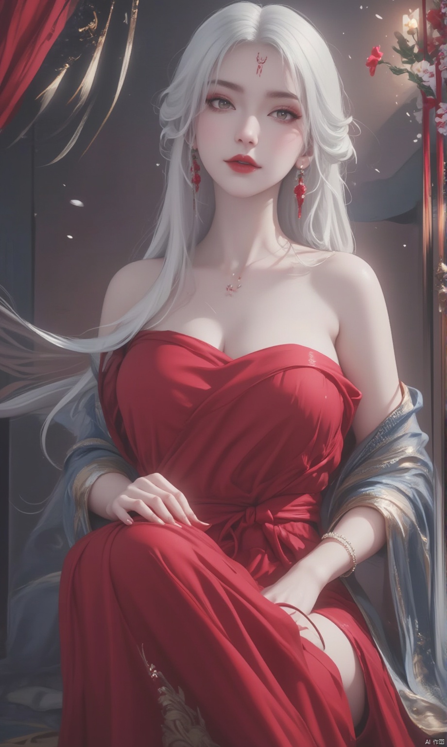  8K image. ((poakl)),white hair,Flux小白-起风,1girl, solo, long hair, breasts, looking at viewer, large breasts, dress, jewelry, sitting, very long hair, white hair, earrings, off shoulder, bracelet, facial mark, red dress, ring, forehead mark,GF