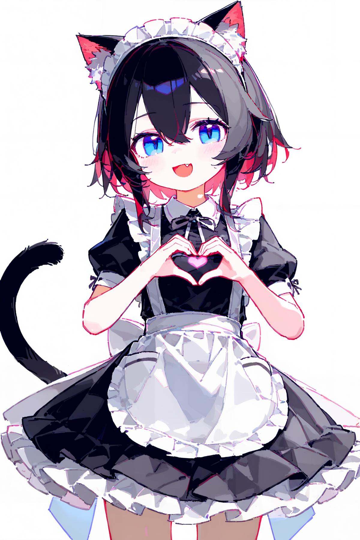 1girl, solo, very cute, white background, simple background, masterpiece, best quality, (very aesthetic, absurdres:0.88), (Illustrate a translucent watercolor painting, with delicate washes of color, subtle blending, and an airy, dreamlike quality), (sketch, outline, lineart:1.1), (oekaki, tegaki, backlight:1.2), bunti, :d, animal ear fluff, animal ears, apron, black dress, black hair, blue eyes, blush, cat ears, cat girl, cat tail, dress, fang, frilled apron, frills, hair between eyes, hands up, heart, heart hands, long hair, long sleeves, looking at viewer, maid, maid apron, maid headdress, open mouth, puffy short sleeves, puffy sleeves, short sleeves, smile, standing, tail, very long hair, white apron, white outline
