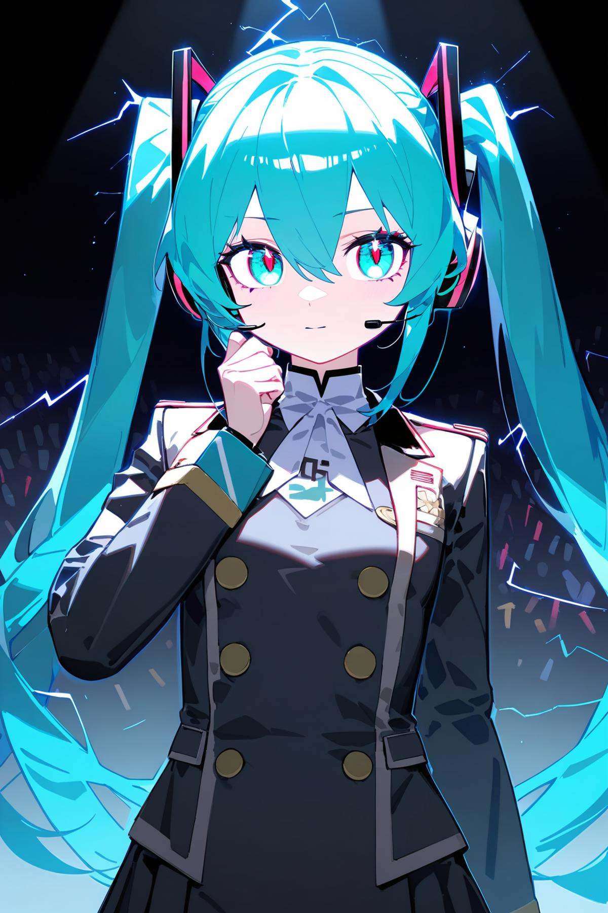 Movie Poster page,(promotional poster),Hatsune Miku,1female,solo,humanoid android,teal hair,teal eyes,singer's uniform,headset,WeirdOutfit style,concert,Nippon Budokan,glowneon,glowing,sparks,lightning,shadow minimalism,(best quality),(masterpiece),detailed,beautiful detailed eyes,perfect anatomy,perfect body,perfect face,perfect hair,perfect legs,perfect hands,perfect arms,perfect fingers,detailed hair,detailed face,detailed eyes,detailed clothes,detailed skin,ultra-detailed,(full body),(upper body),(top quality),pop art,extremely detailed,extremely detailed CG,(high resolution),highly detailed,(high quality),(perfect quality),(glitchcore colors),