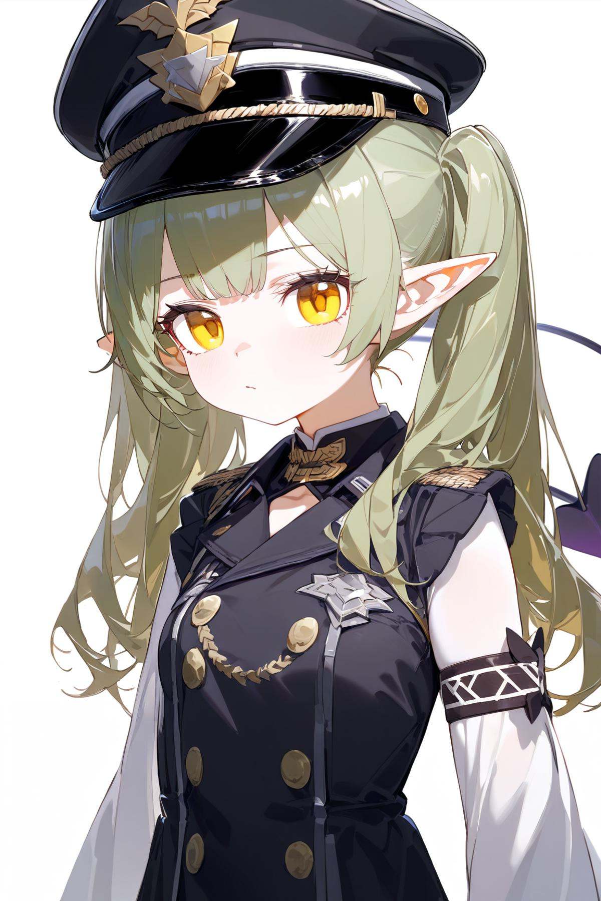 1girl,upper body,white background, ultra-detailed,best quality,(masterpiece), highlander-right,yellow eyes, green hair, twintails,long hair, pointy ears,halo,demon tail, jacket,shorts,arm band,white pantyhose, white gloves,peaked cap,boots, 
