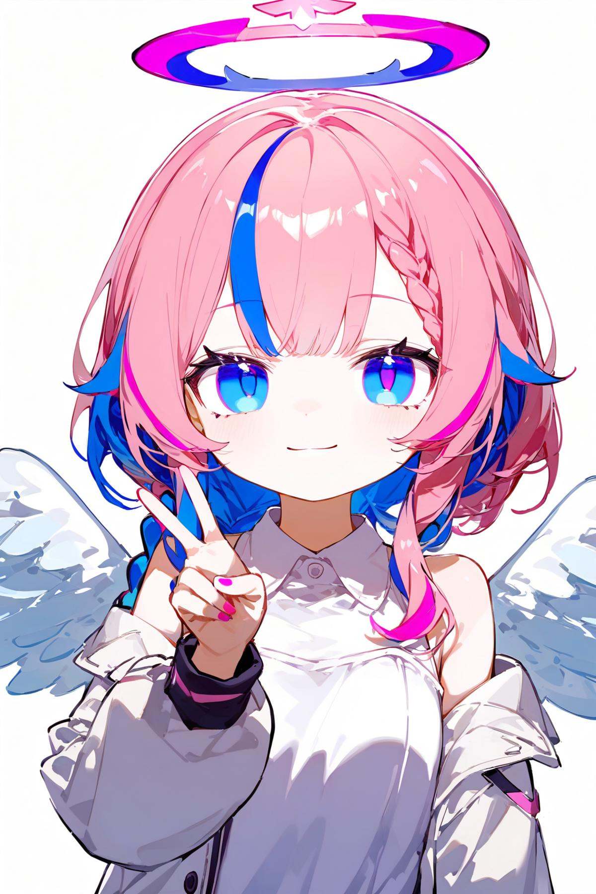 1girl,solo,halo,blue eyes,long hair,blue hair,multicolored hair,wings,smile,v,pink hair,looking at viewer,off shoulder,shirt,jacket,upper body,bangs,white jacket,braid,white background,white shirt,virtual youtuber,long sleeves,collared shirt,streaked hair,bare shoulders,simple background,angel,hand up,angel wings,