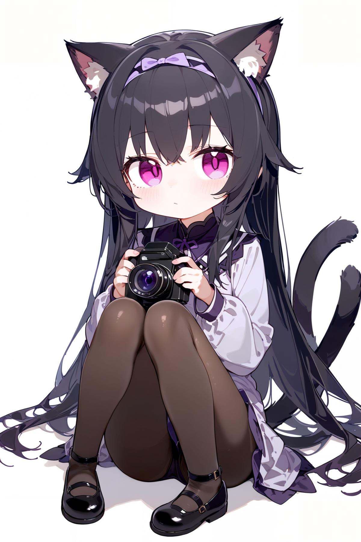 masterpiece,best quality,very aesthetic,absurdres,1girl,>_o,akemi_homura,black_hair,black_pantyhose,blush,cat_ears,cat_girl,cat_tail,chibi,closed_mouth,film_grain,full_body,hairband,holding_camera,long_hair,long_sleeves,looking_at_viewer,purple_eyes,solo,